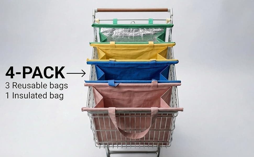 Sort as you shop — Cold items go in the green insulated bag. Bread, produce, pantry — each gets its own.
