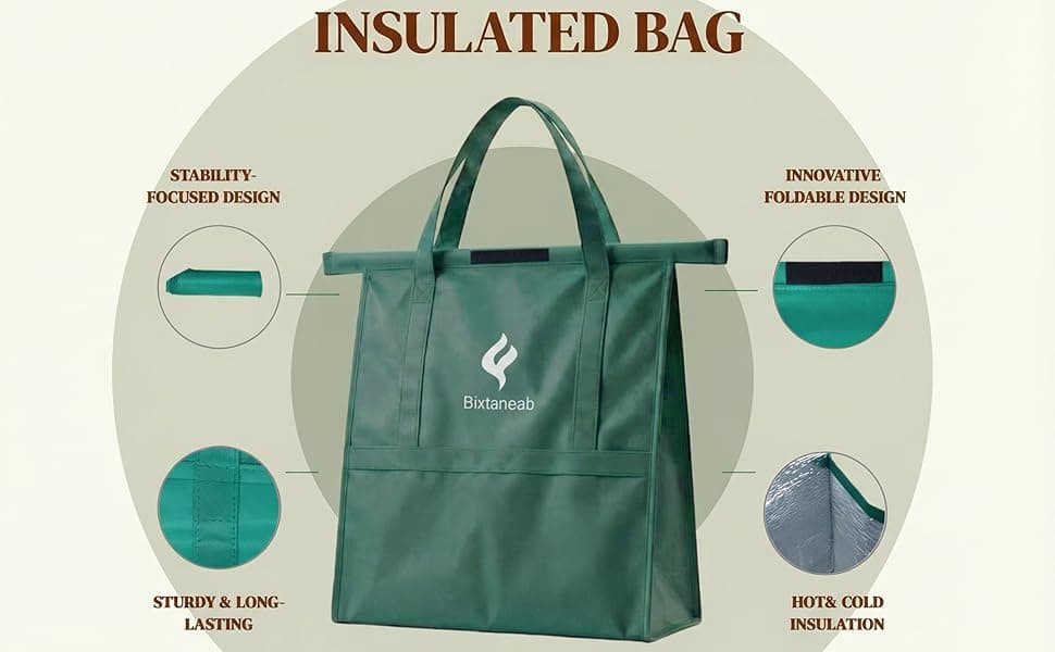Bixtaneab insulated cooler bag with feature callouts: stability, foldable, sturdy, hot/cold insulation
