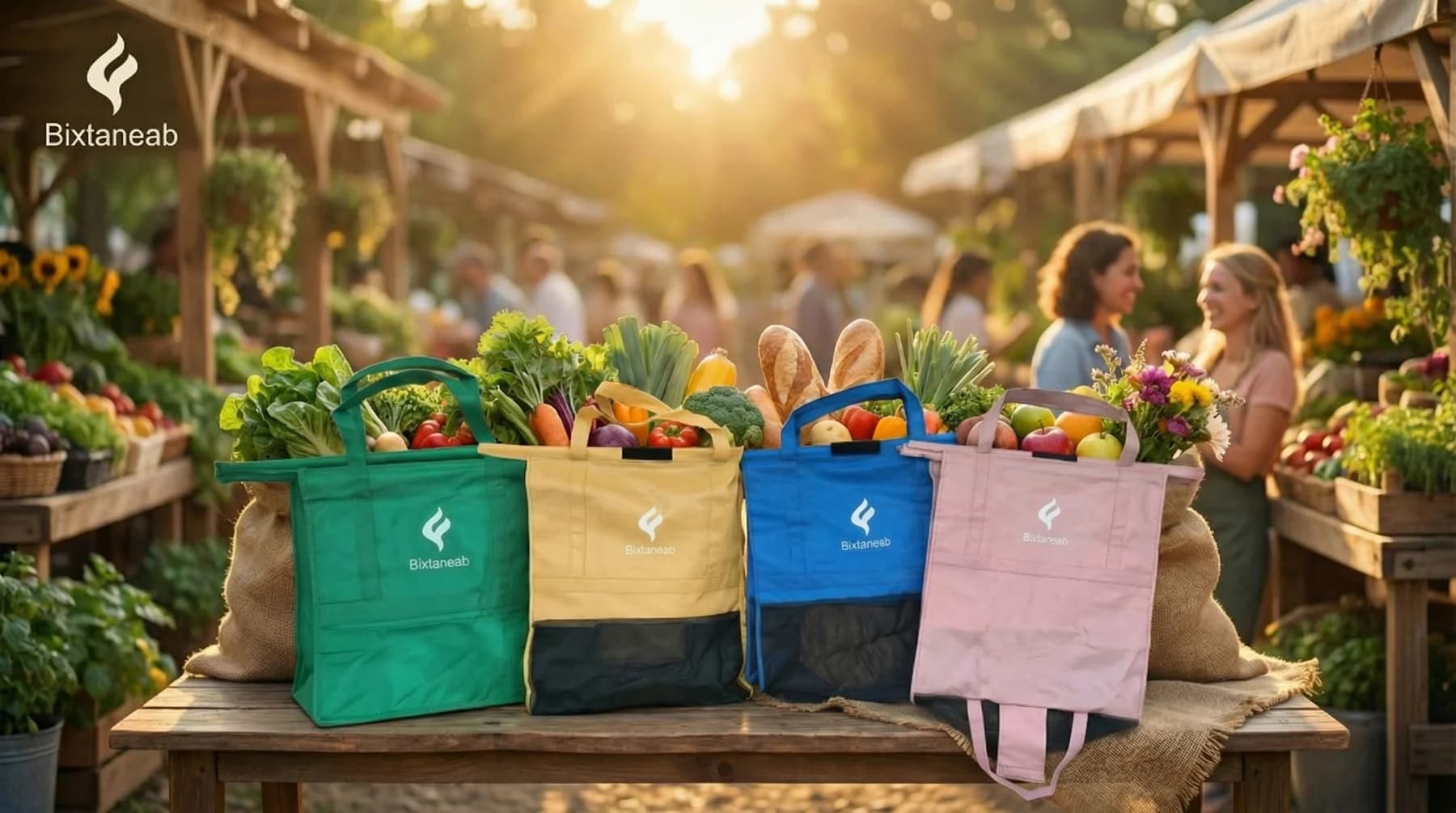 Shopper carrying the Bixtaneab insulated bag at an outdoor farmers market