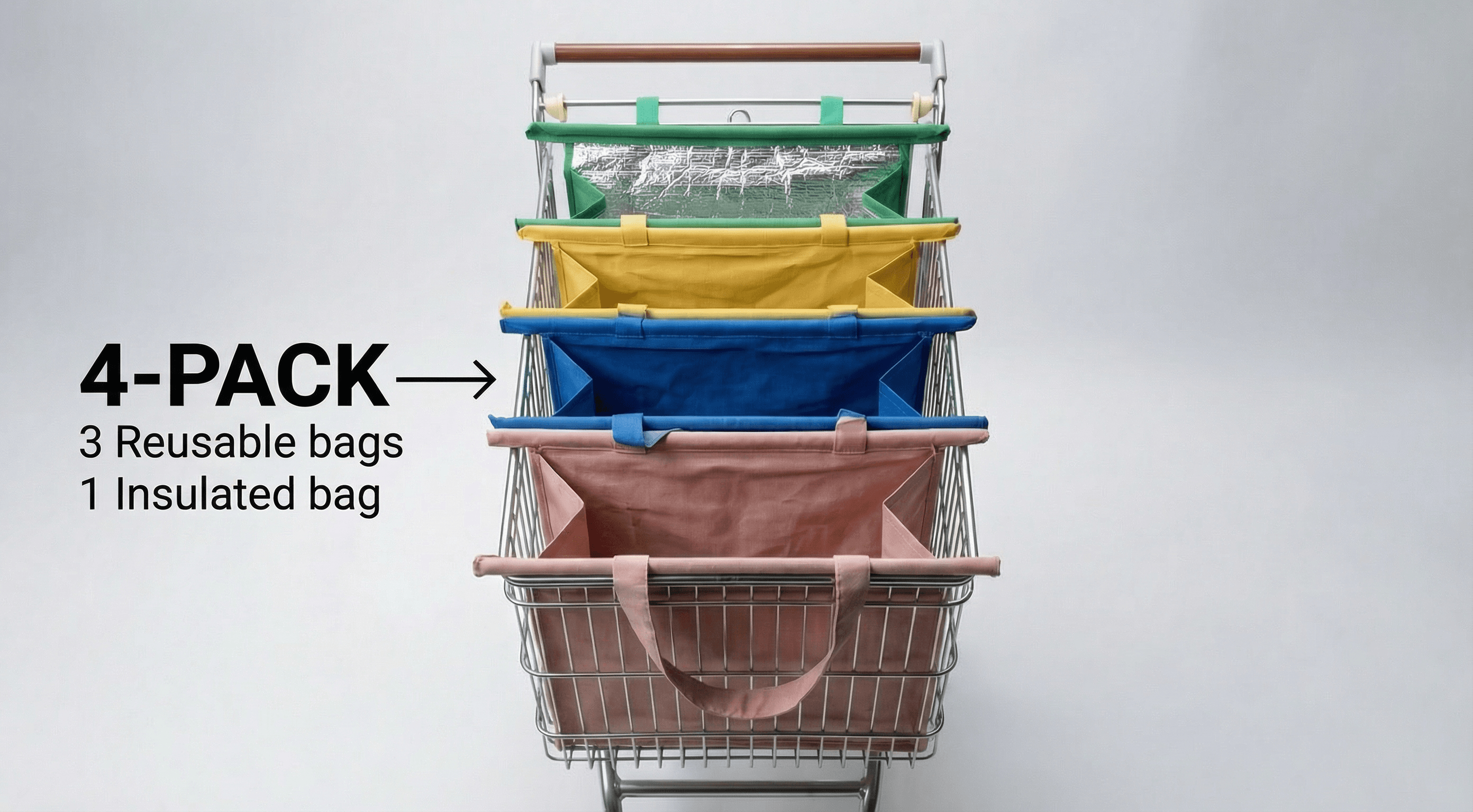 Bixtaneab 4-pack: 3 reusable bags plus 1 insulated cooler stacked in a cart