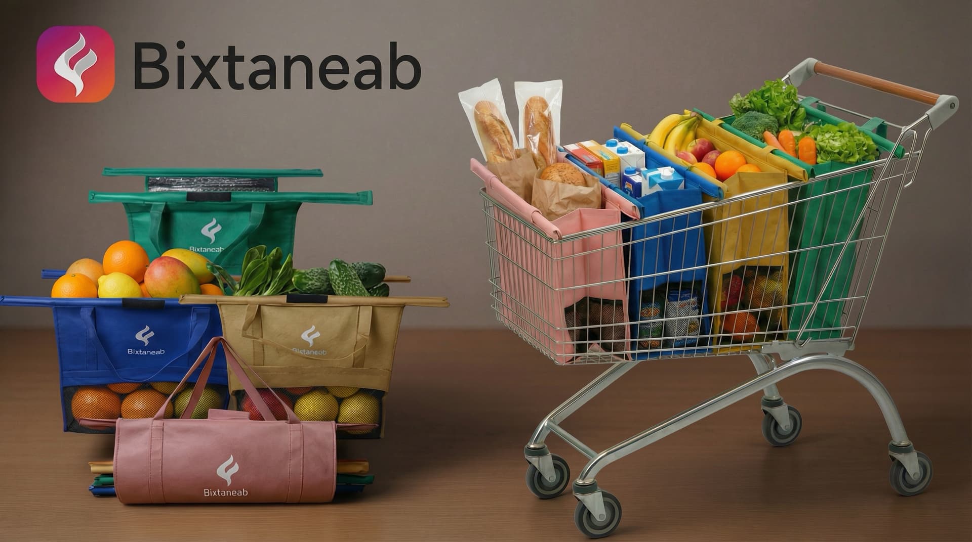 Bixtaneab reusable grocery cart bags loaded in a standard grocery cart