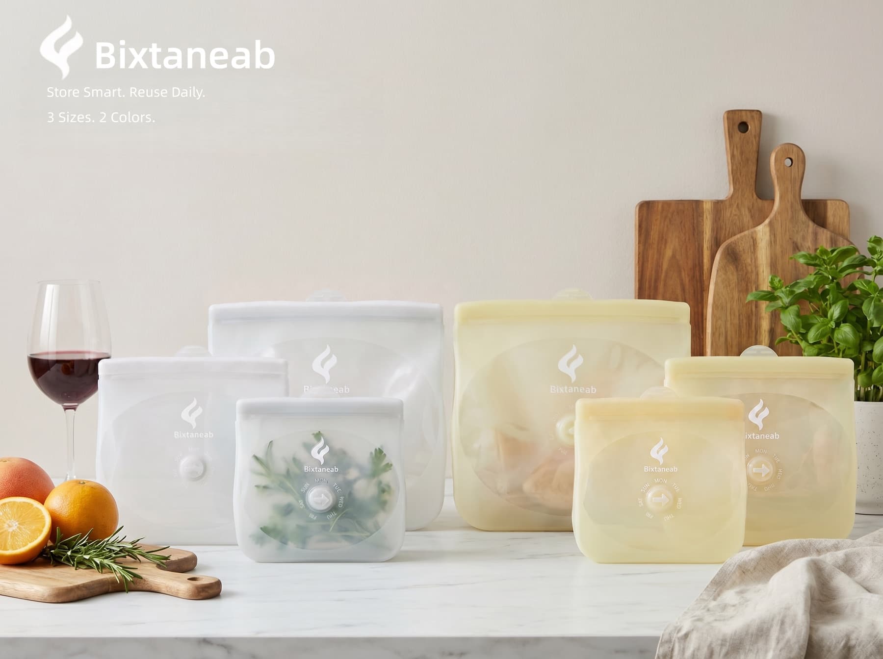 Bixtaneab yellow silicone food storage bags in three sizes with food inside