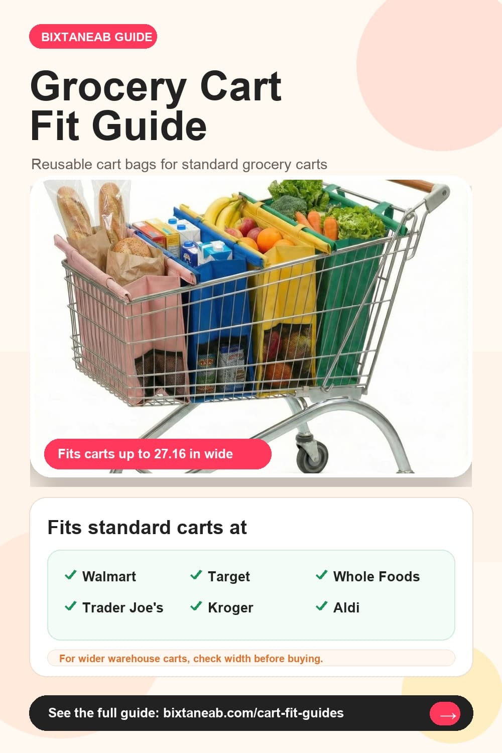 Bixtaneab grocery cart fit guide showing standard cart compatibility up to 27.16 inches wide