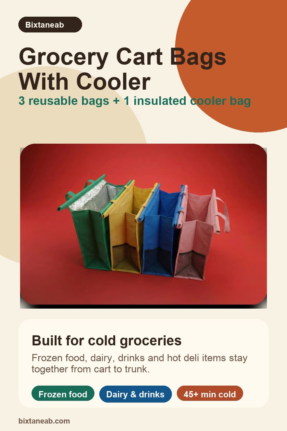 Bixtaneab grocery cart bags with cooler showing three reusable bags plus one insulated cooler bag