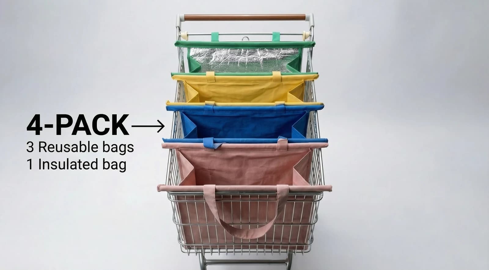 Sort as you shop — Cold items go in the green insulated bag. Bread, produce, pantry — each gets its own.