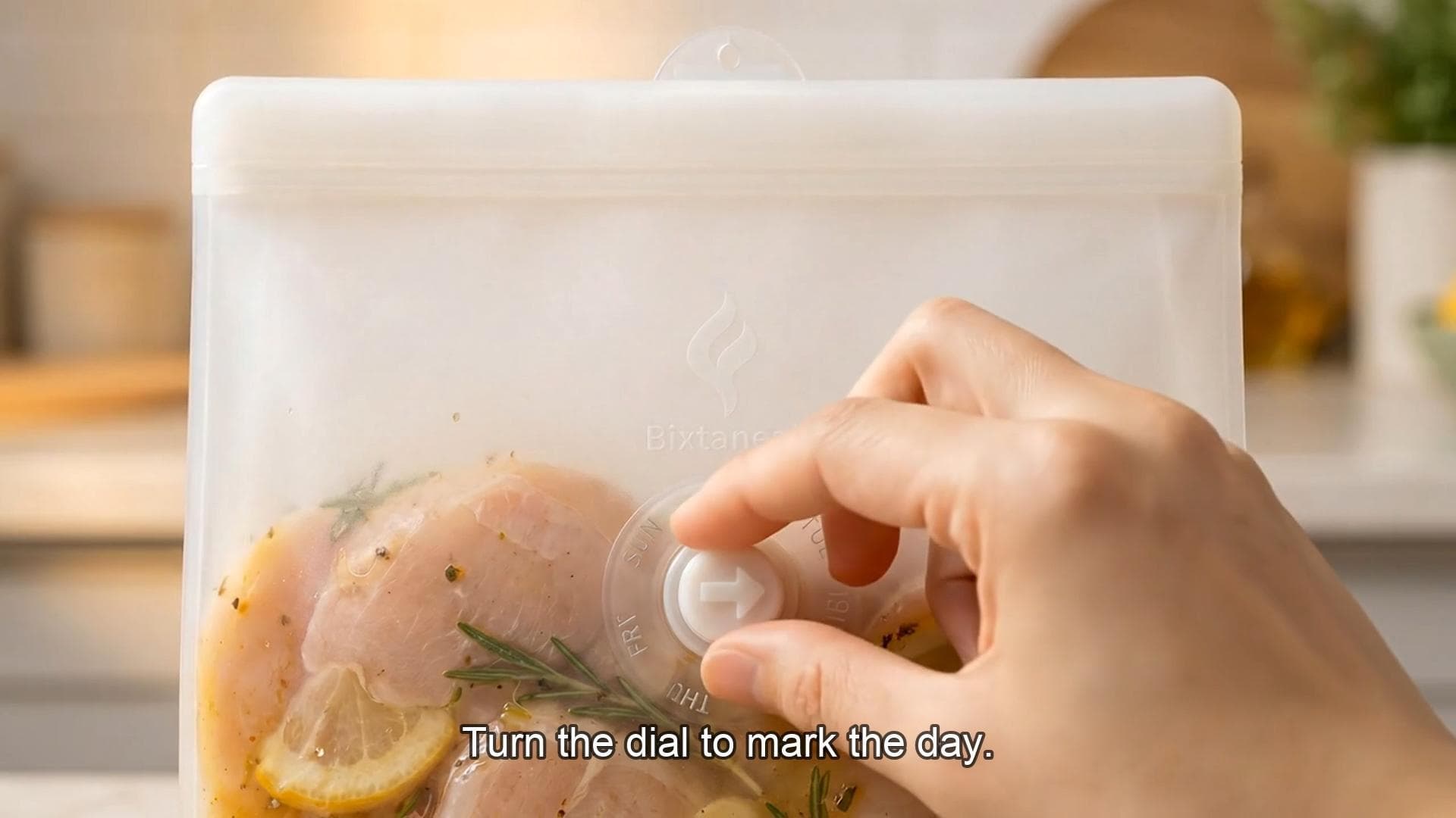 Hand turning the date dial on a Bixtaneab silicone food storage bag
