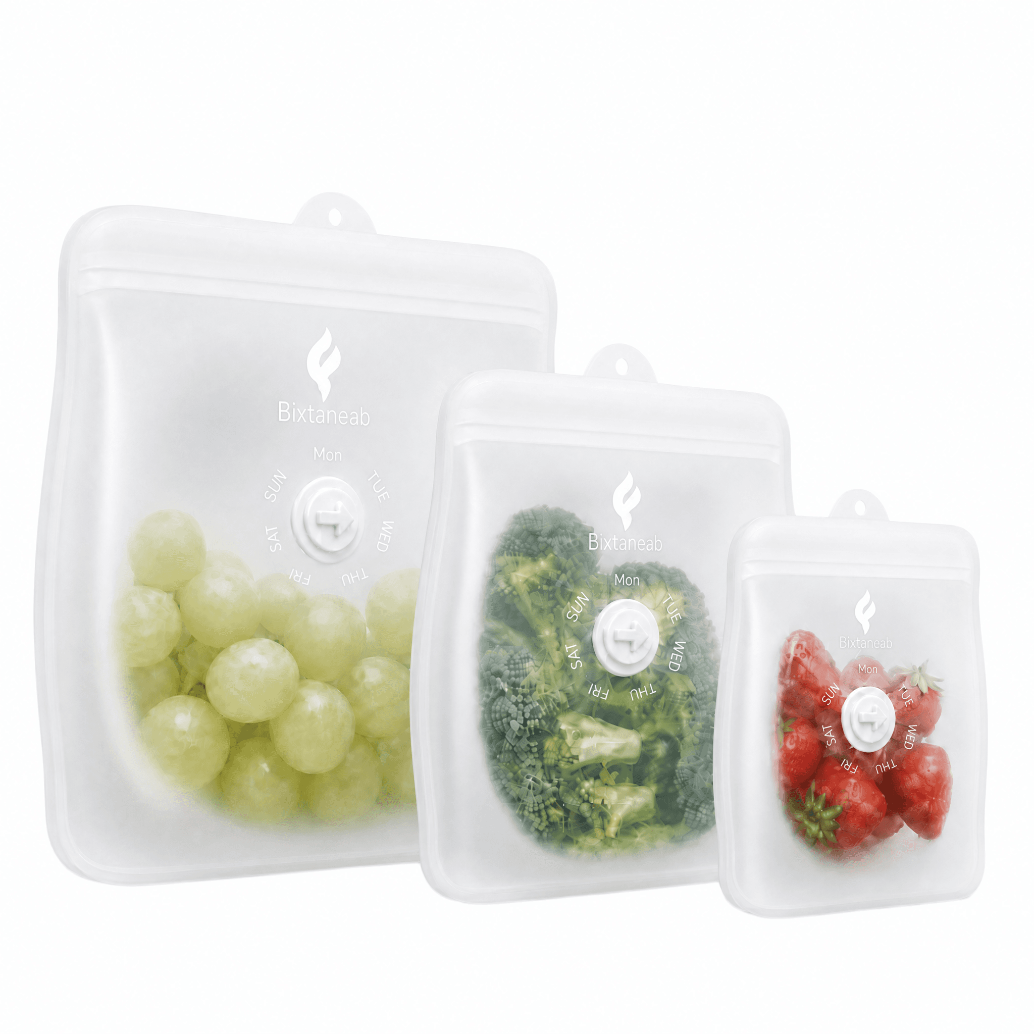 White Bixtaneab silicone food storage bags in three sizes