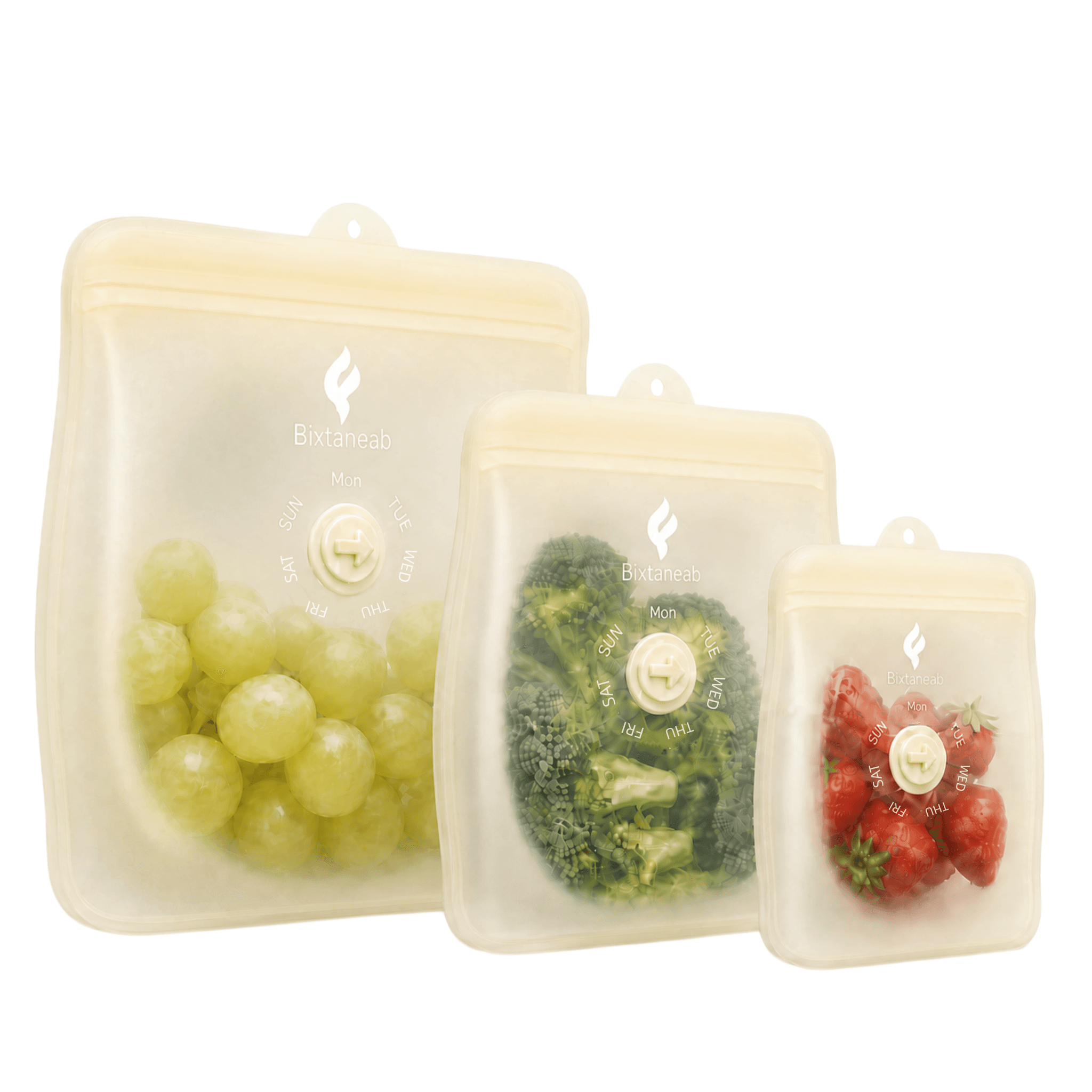 Yellow Bixtaneab silicone food storage bags in three sizes